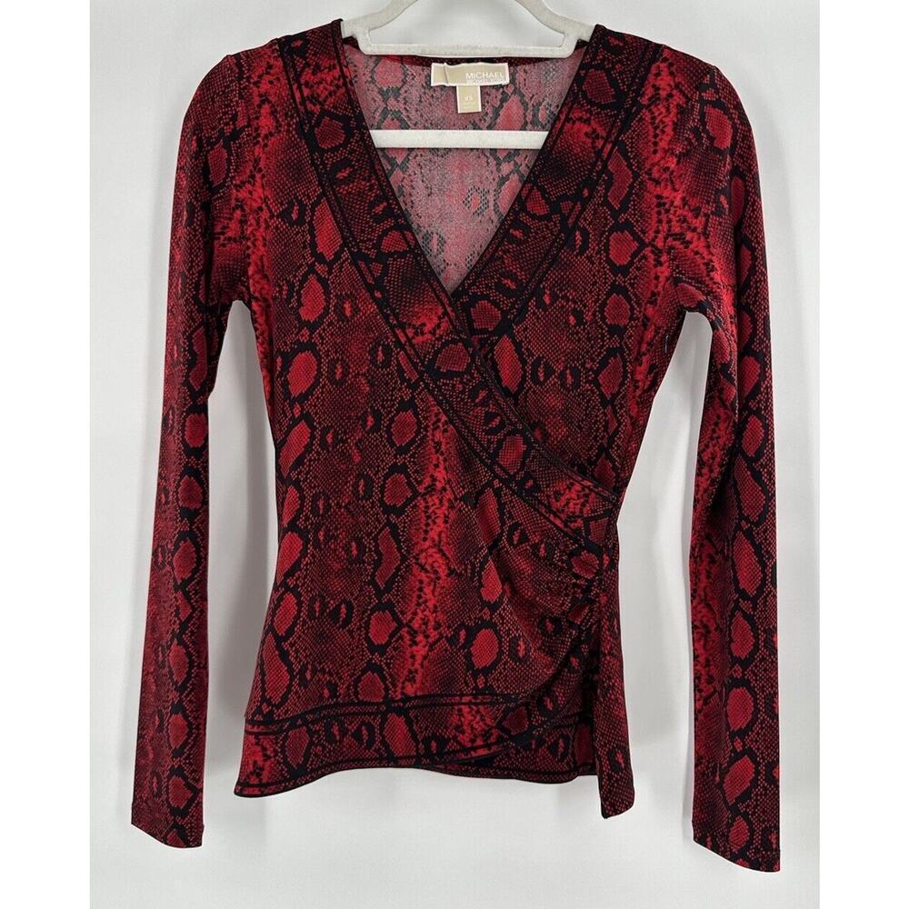 Michael Kors Wrap Top Blouse Shirt Sz XS V Neck Animal Print Red Office …